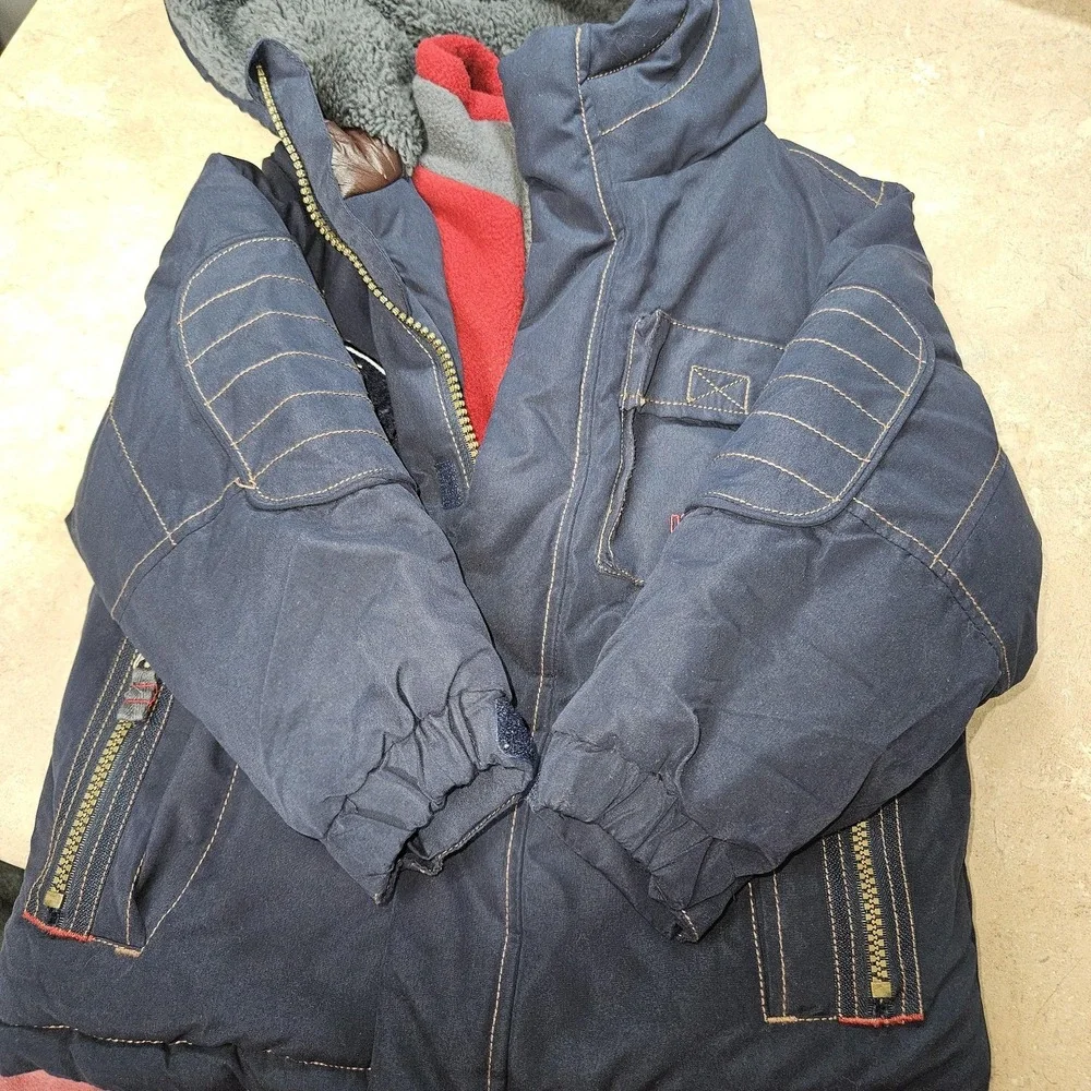 OshKosh B'gosh Jacket Boys 4 Navy Hooded Fleece Lined Parka Patches B213JS2-SA‎